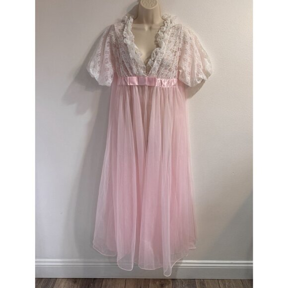Vtg 50s 60s Nightgown Robe Set M Slip Chiffon Lace Satin Peignor Pink Lingerie - Picture 8 of 13